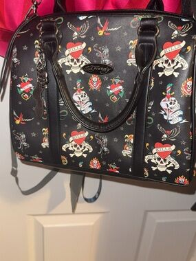 Ed Hardy Black Satchel with Colorful Tattoo Motifs